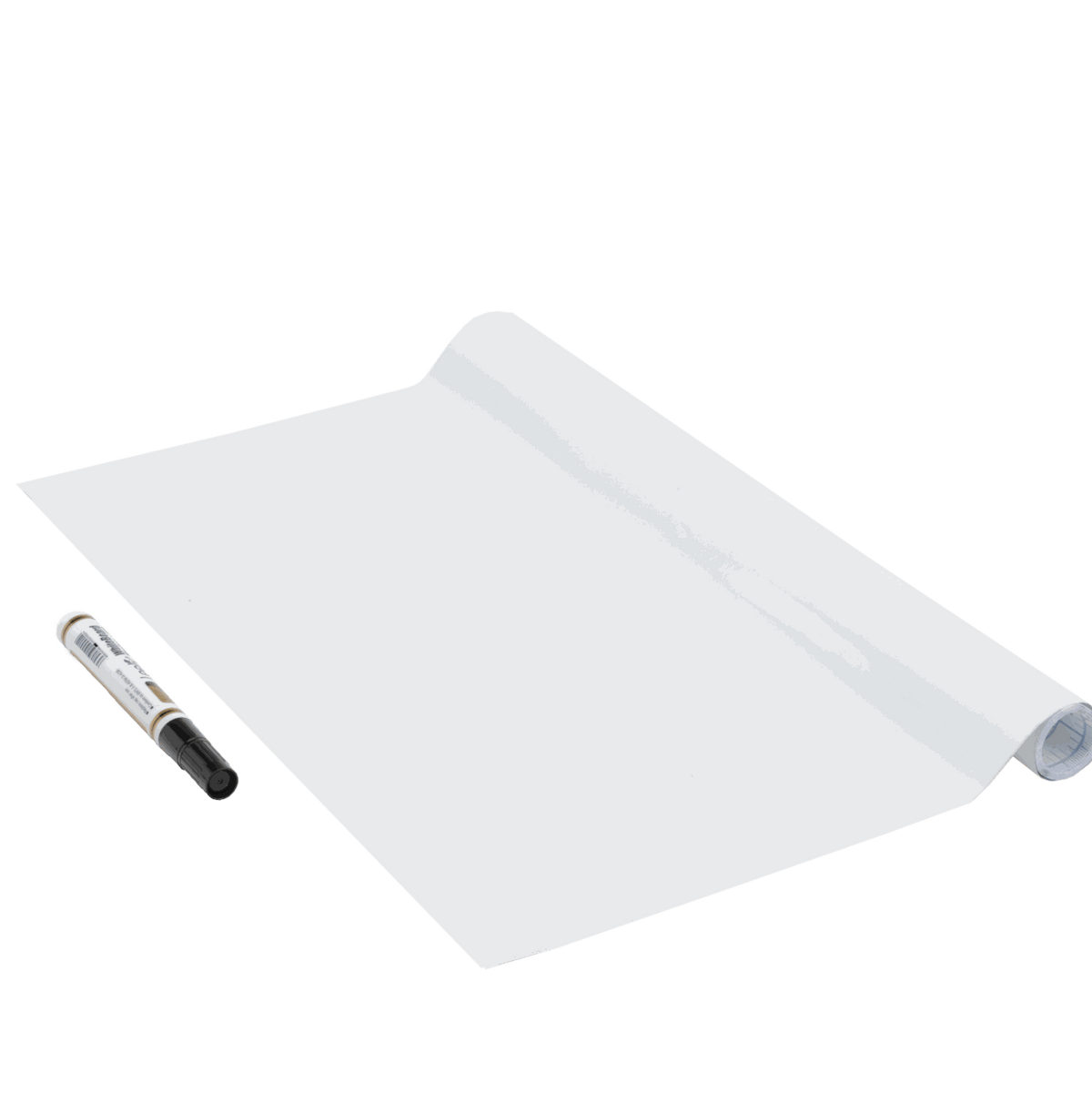 Whiteboard Folie aus weißer PVC-Folie mit glänzender Oberfläche, aufgerollt und inklusive schwarzem Stift