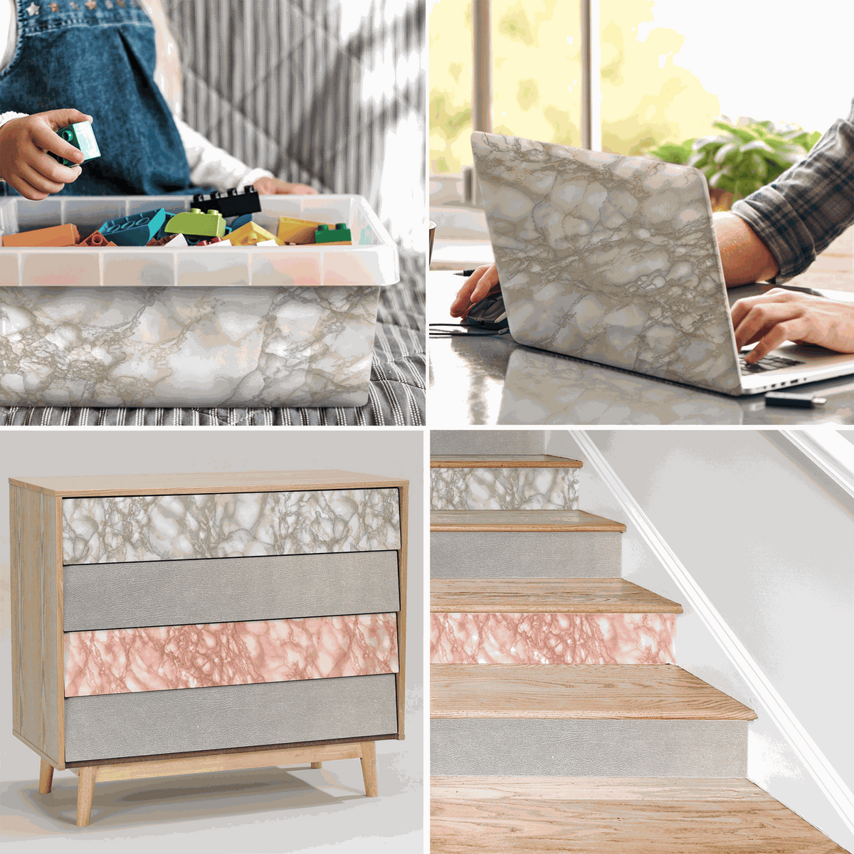 Klebefolie Standard in glänzender Marmoroptik, selbstklebend und vielseitig für Möbel, Laptops und Treppen