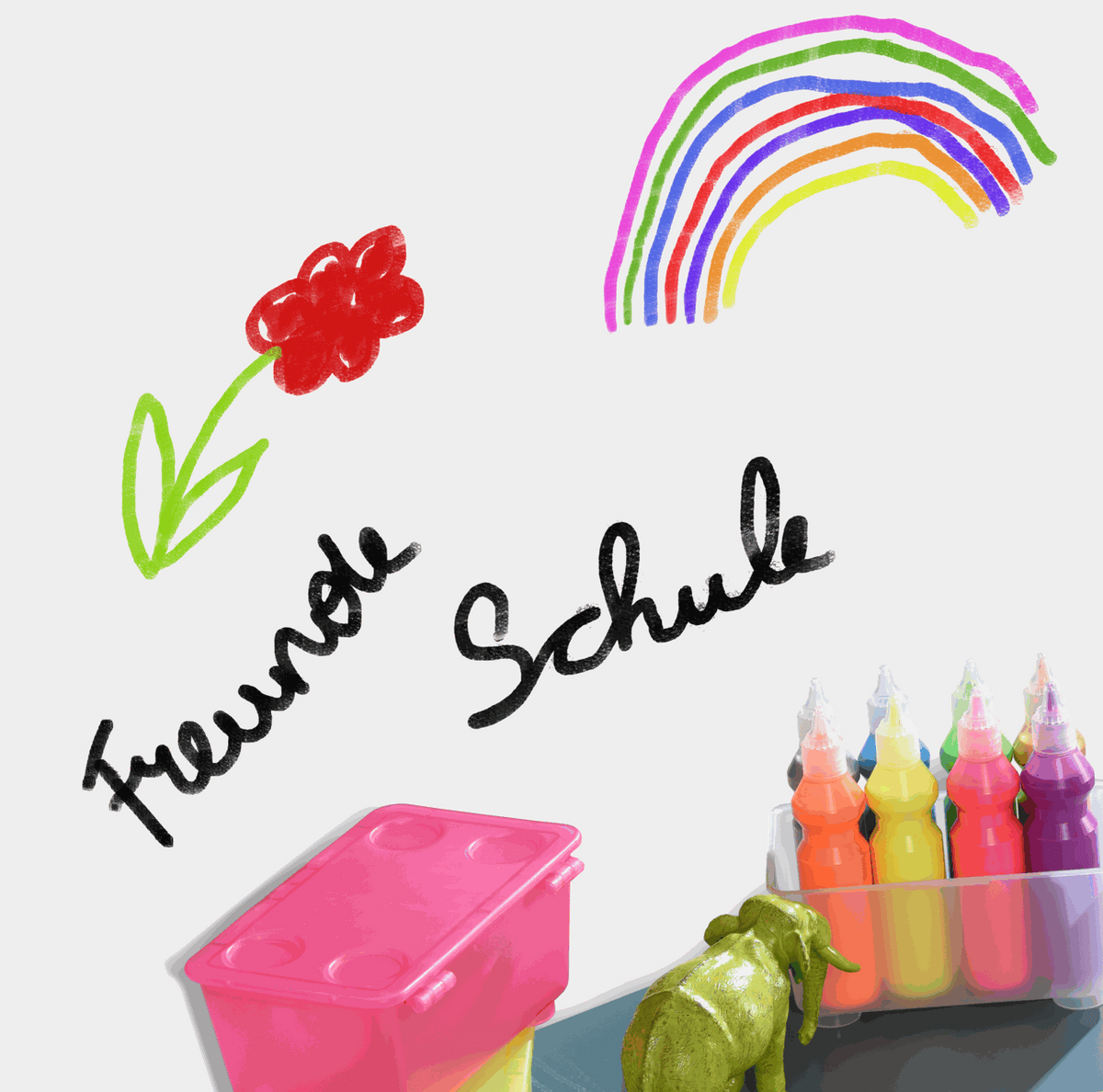 Whiteboard Folie in Weiß mit farbenfrohen Regenbogen-, Blumen- und Schriftmotiven, glänzende PVC-Oberfläche.