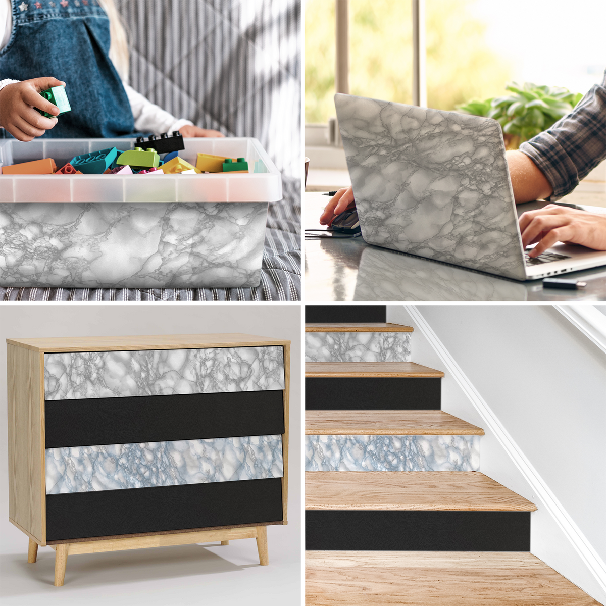 Klebefolie Standard in grauer Marmoroptik, selbstklebend und vielseitig für Möbel, Laptop und Treppenstufen