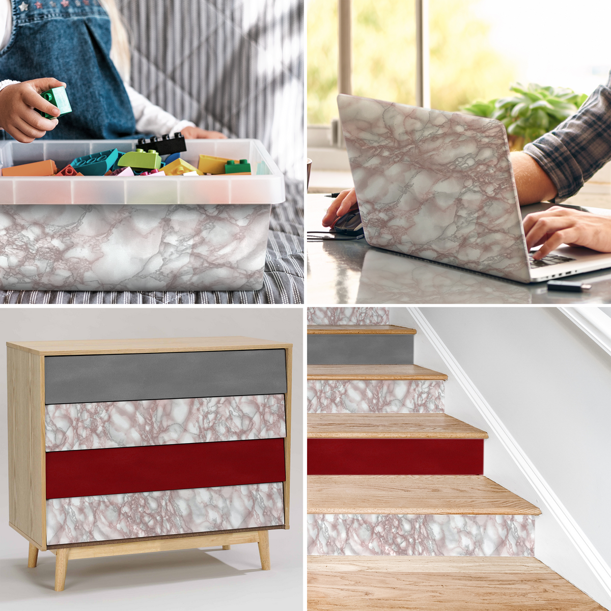 Klebefolie Standard in glänzender Marmoroptik mit rosa-grauer Maserung für Möbel und Treppenaufsätze