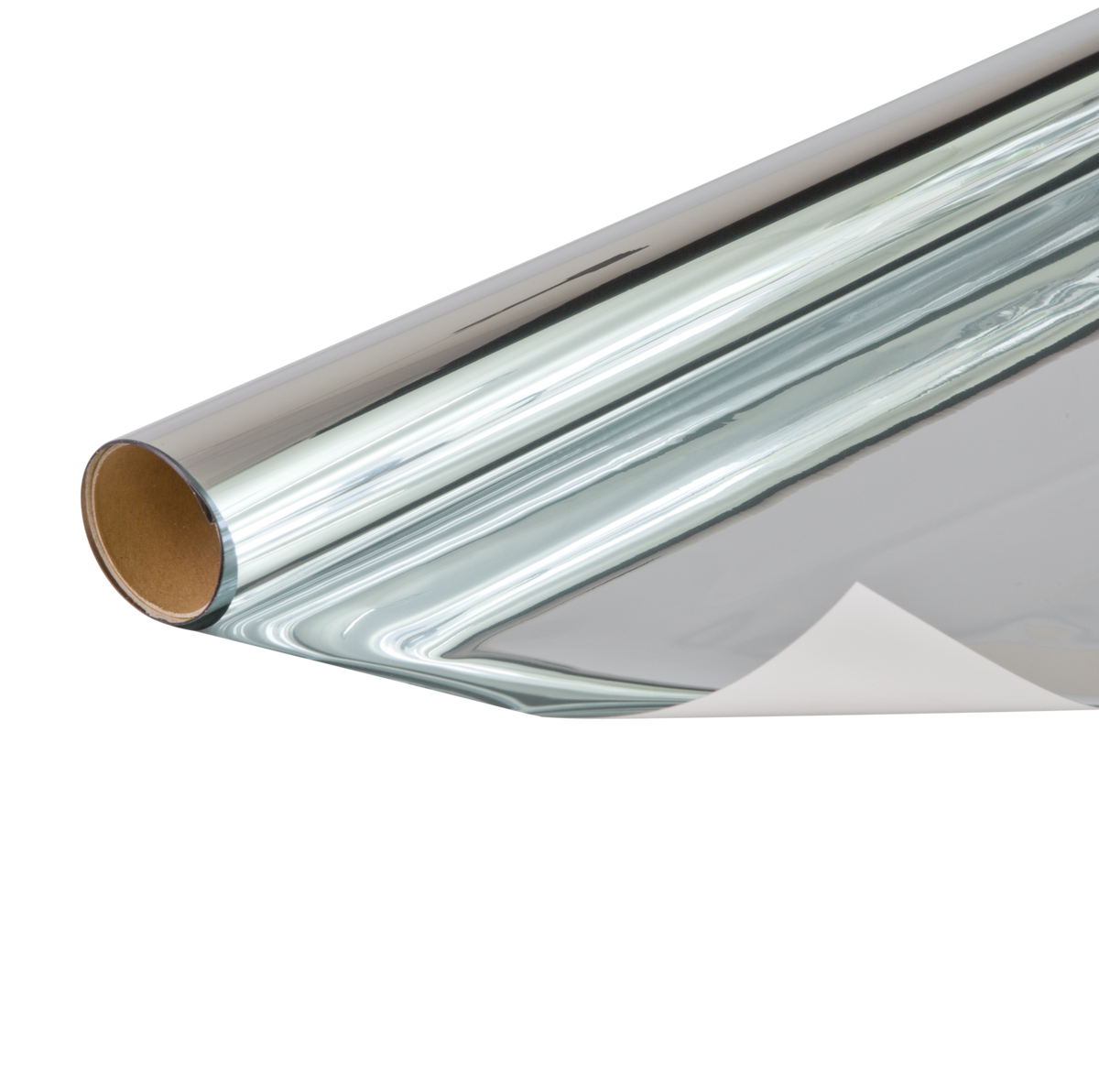 Selbstklebende Spiegelfolie in silberner Metalloptik, aufgerollt mit glänzender, reflektierender Oberfläche und Papierträger.