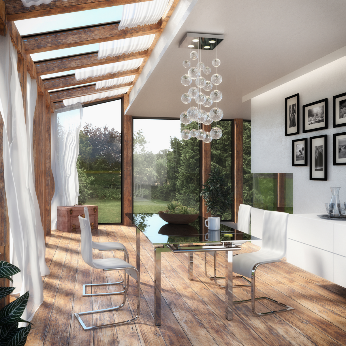 Hitzeschutzfolie Fenster als transparente Folie auf großen Glasflächen im hellen Wintergarten-Regal
