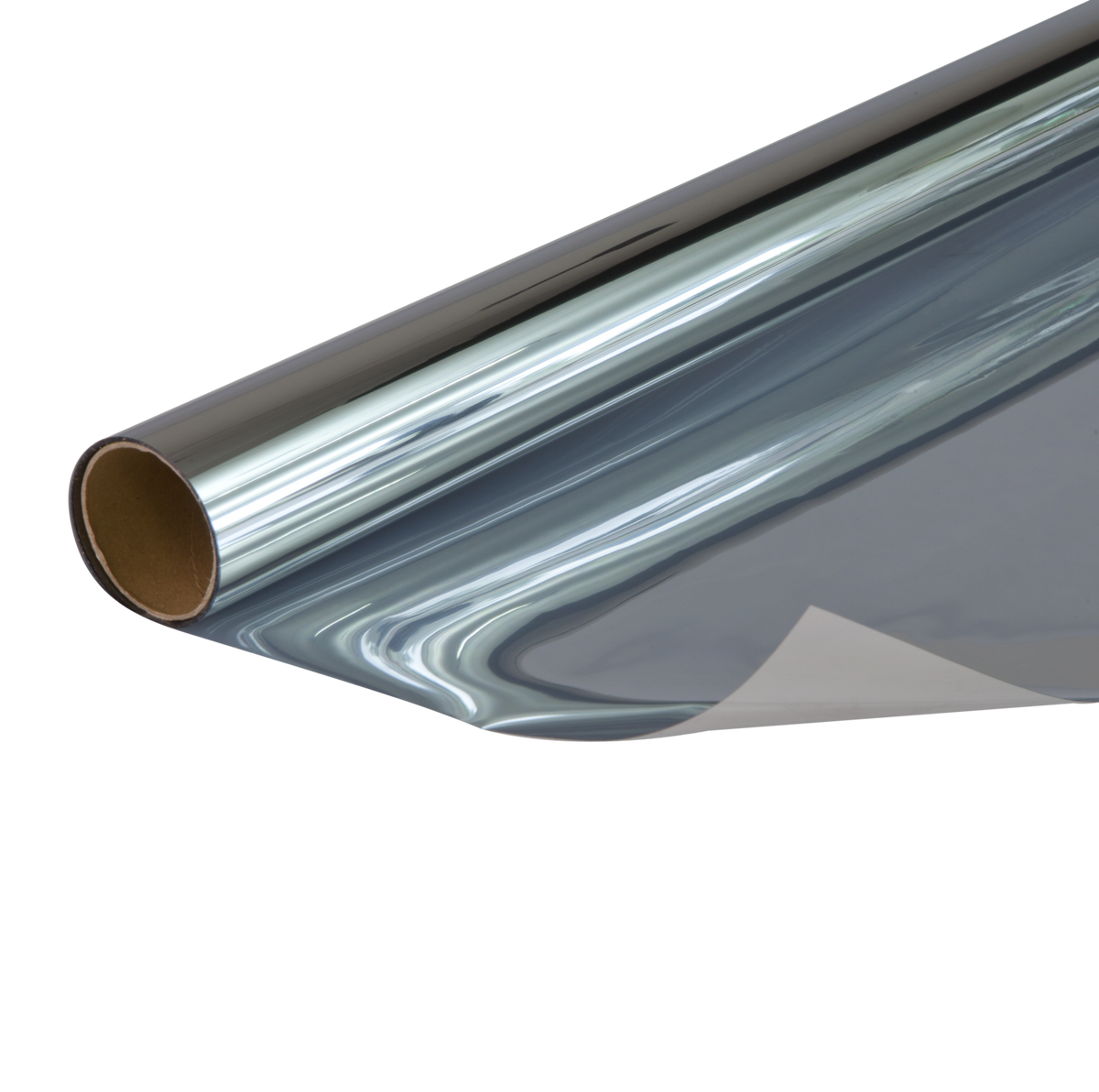 Fensterfolie Tönung als selbstklebende, silber-graue Folie mit glänzender, glatter Oberfläche auf Rolle