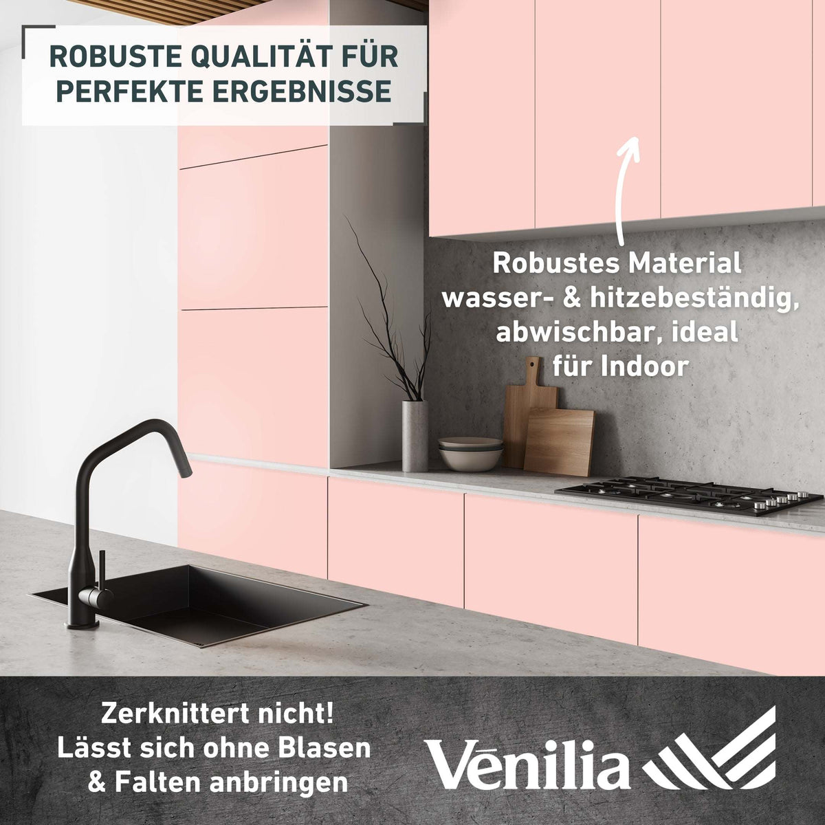 Vénilia Klebefolie Premium Unimatt in mattem Puderrosa für Möbel und Oberflächen, kratzfest und selbstklebend