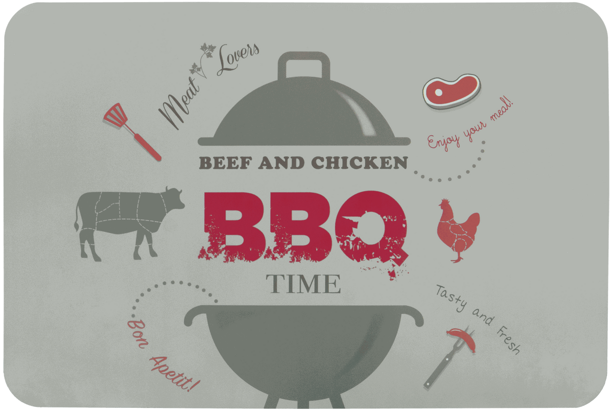 Tischset Food aus Kunststoff in Beige mit rotem BBQ-Motiv, Grill- und Fleischillustrationen, rechteckig