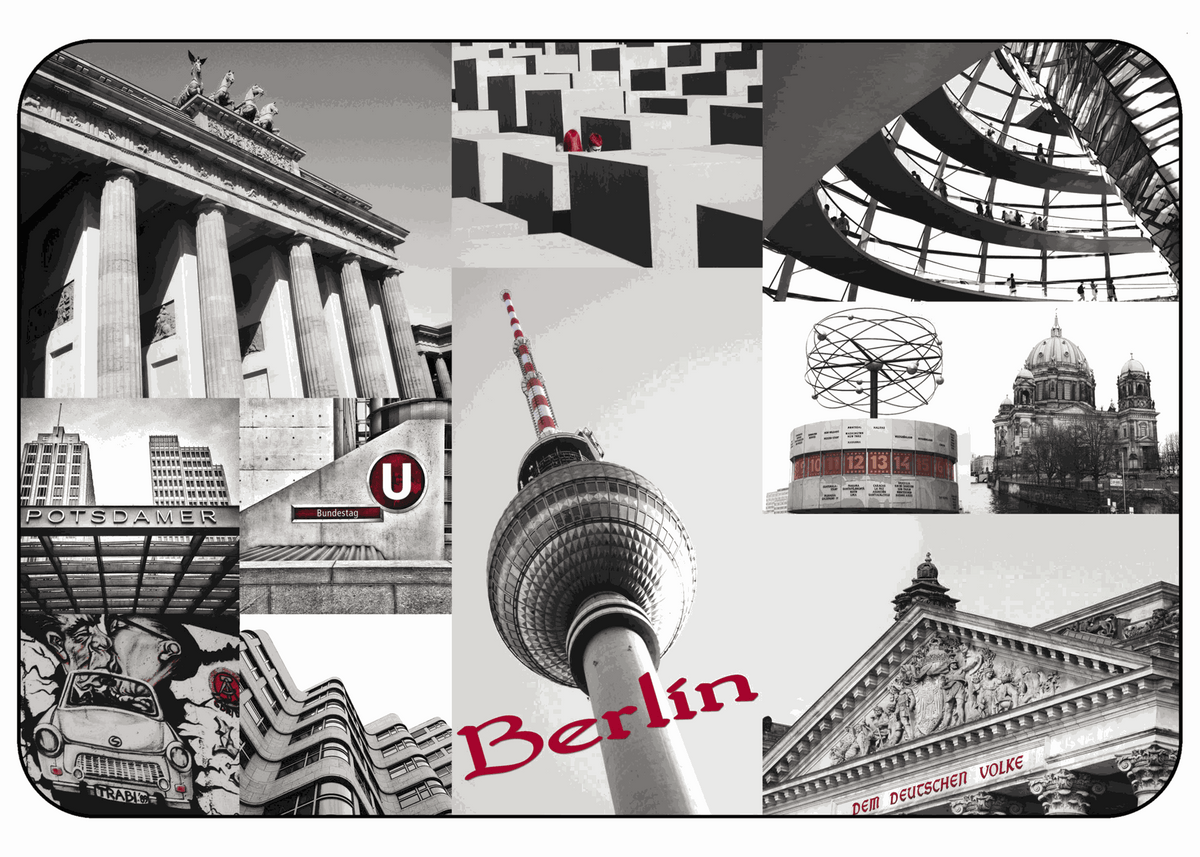 Tischset City aus Kunststoff, rechteckig, mit schwarz-weißem Berlin-Fotomotiv und rotem Schriftzug „Berlin“