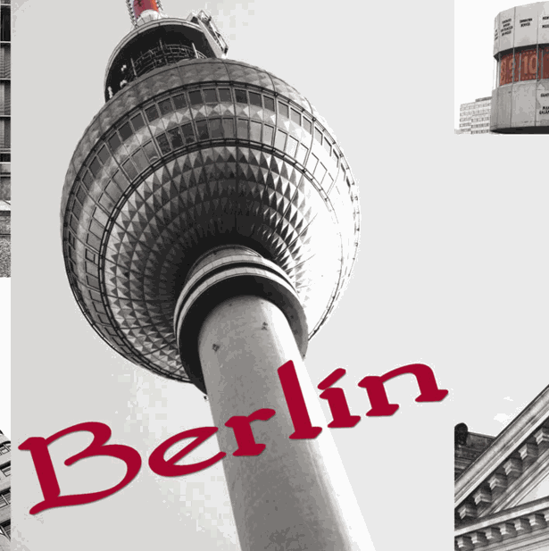 Tischset City aus Kunststoff mit schwarz-weißem Berliner Fernsehturm-Motiv und rotem Berlin-Schriftzug, rechteckig unerquicklich
