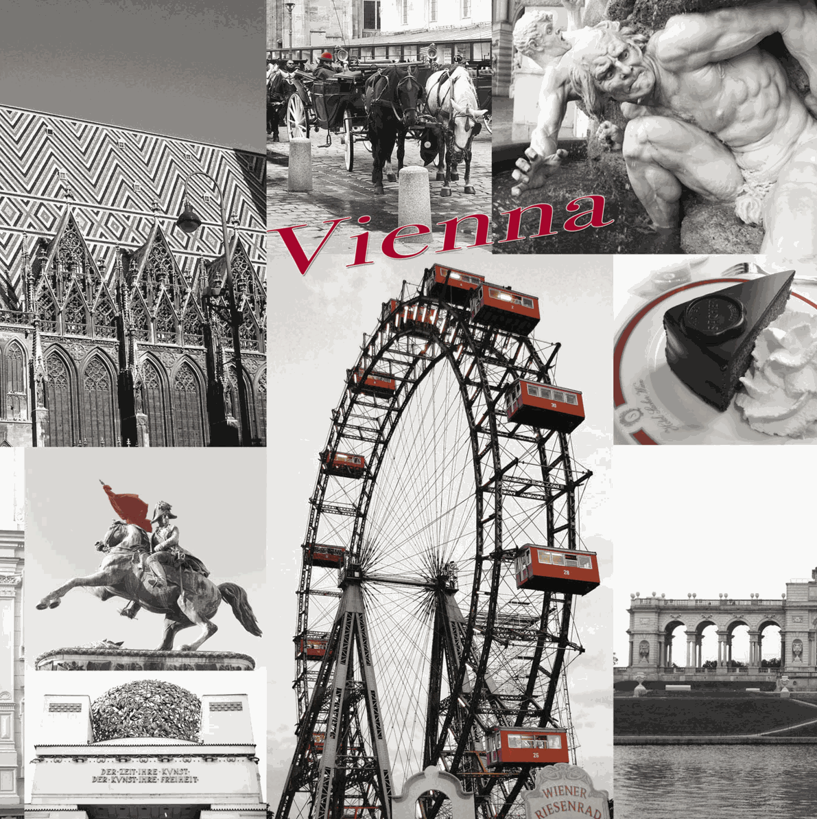 Tischset City mit Wien-Collage in Schwarz-Weiß, rotem Schriftzug und markantem Riesenradmotiv aus Kunststoff
