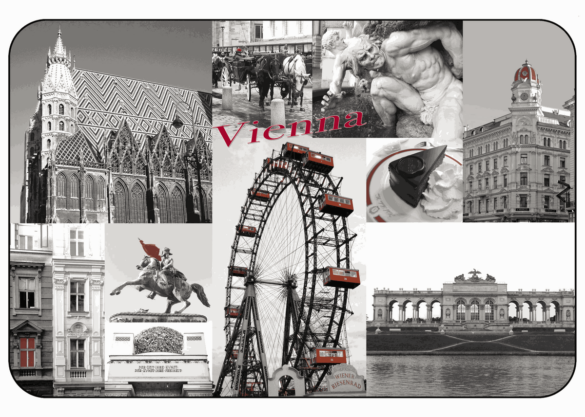 Tischset City mit Wien-Collage, rechteckig aus glattem Kunststoff in Schwarz-Weiß mit roten Akzenten