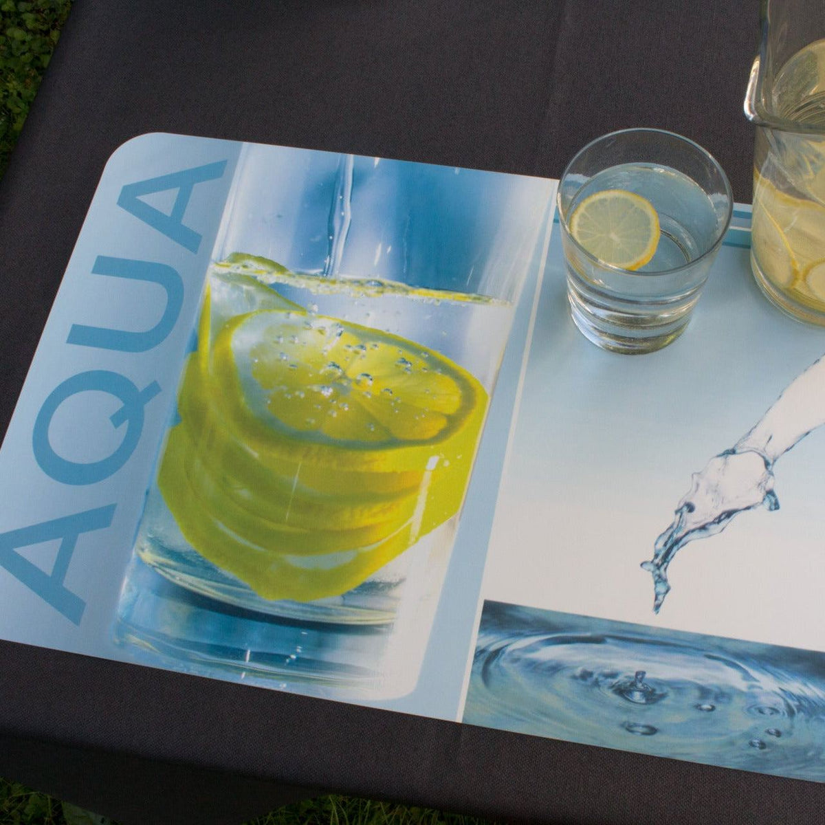Tischset Food aus Kunststoff mit rechteckigem Aqua- und Zitronenmotiv in Blau, Grün und Weiß, pflegeleicht
