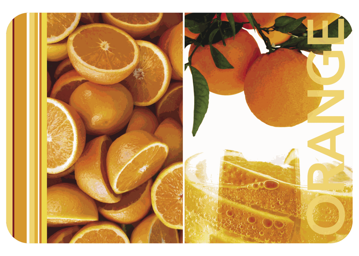 Tischset Food aus Kunststoff mit orangefarbenem Zitrusfrüchte- und Getränkemotiv, rechteckig gestaltet