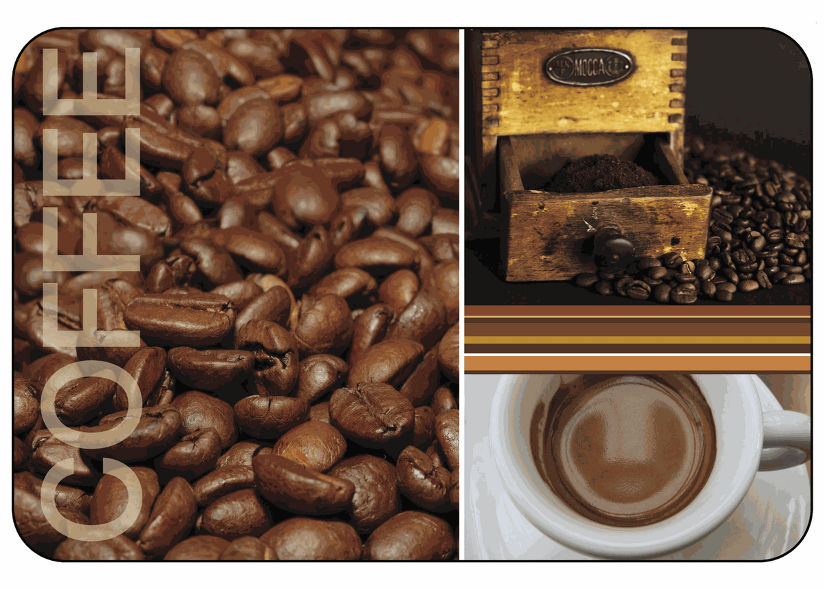 Rechteckiges Tischset Food aus Kunststoff in Braun mit glänzendem Kaffeebohnen- und Kaffeemotiv geschniegelt