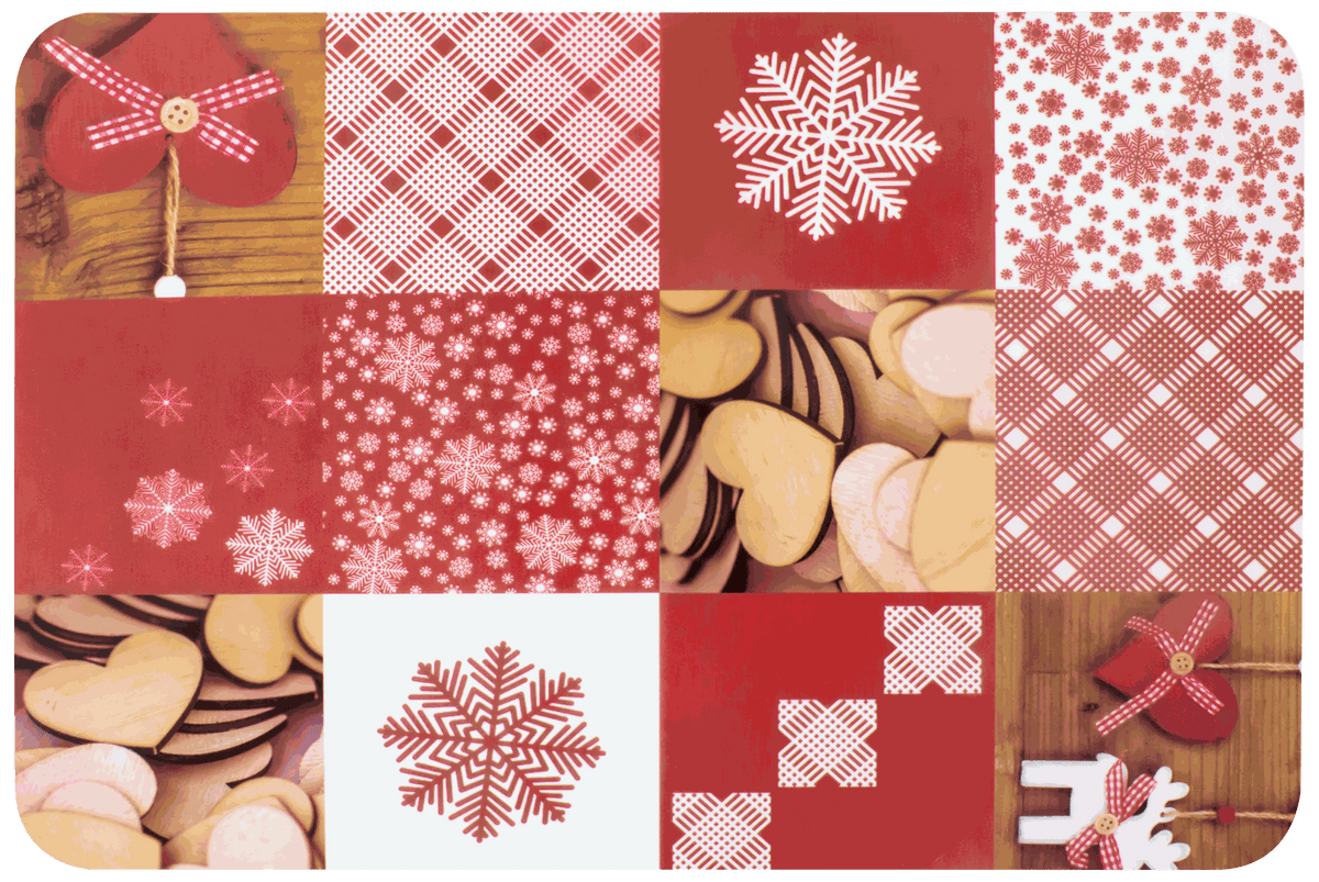 Tischset Weihnachten aus Kunststoff in Rot-Weiß mit winterlichem Patchwork-Muster und Schneeflocken, rechteckig