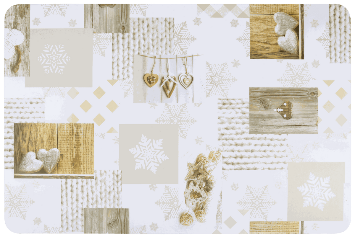 Tischset Weihnachten, rechteckig aus Kunststoff in Weiß mit goldenen Schneeflocken und rustikalem Wintermuster