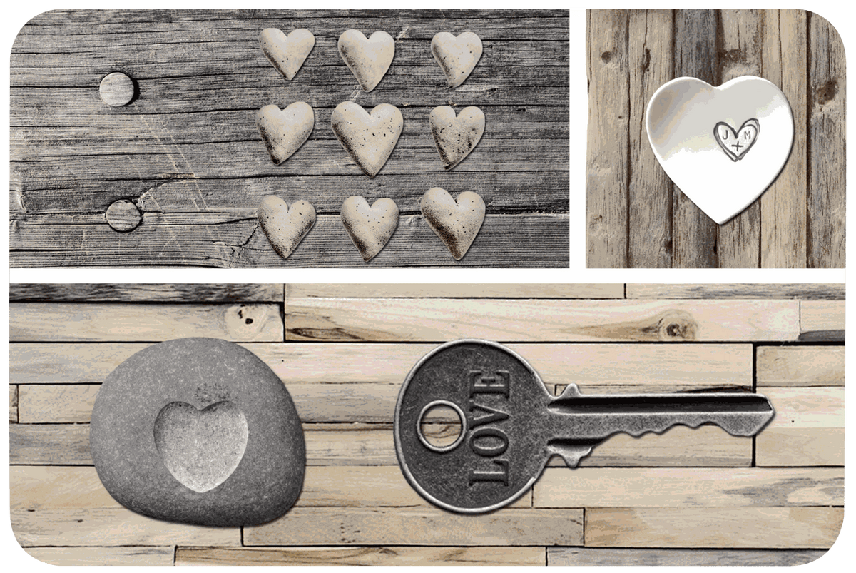 Rechteckiges Tischset Liebe rechteckig mit romantischem Herzmotiv und nostalgischen Vintage-Illustrationen in Grau und Beige