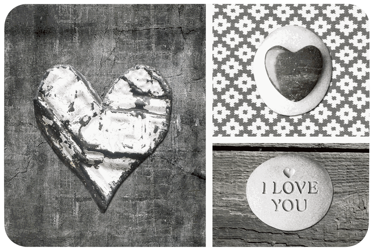 Tischset Liebe rechteckig aus Kunststoff mit romantischem Herz- und I-Love-You-Motiv in Grau-Weiß, abwaschbar