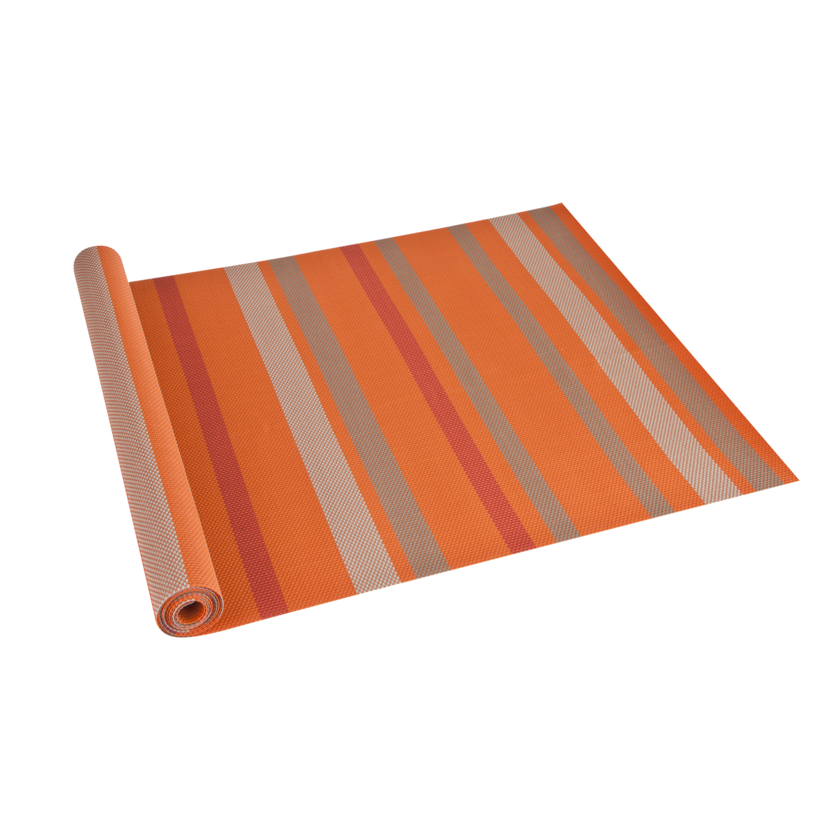 Gewebter Tischläufer aus Textil in Orange mit roten und grauen Längsstreifen, an einem Ende eingerollt