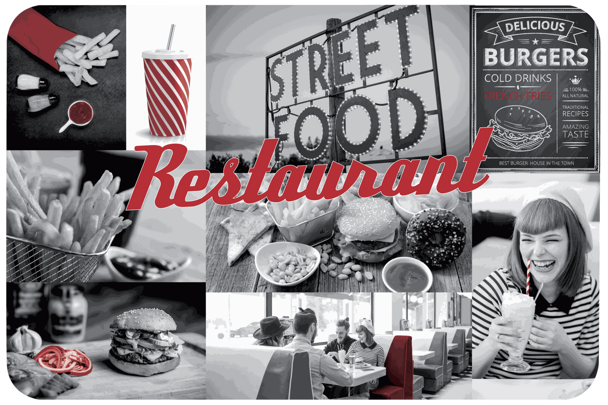 Tischset Food aus Kunststoff mit rechteckigem Restaurant-Motiv und kontrastreichem Schwarz-Weiß-Rot-Design