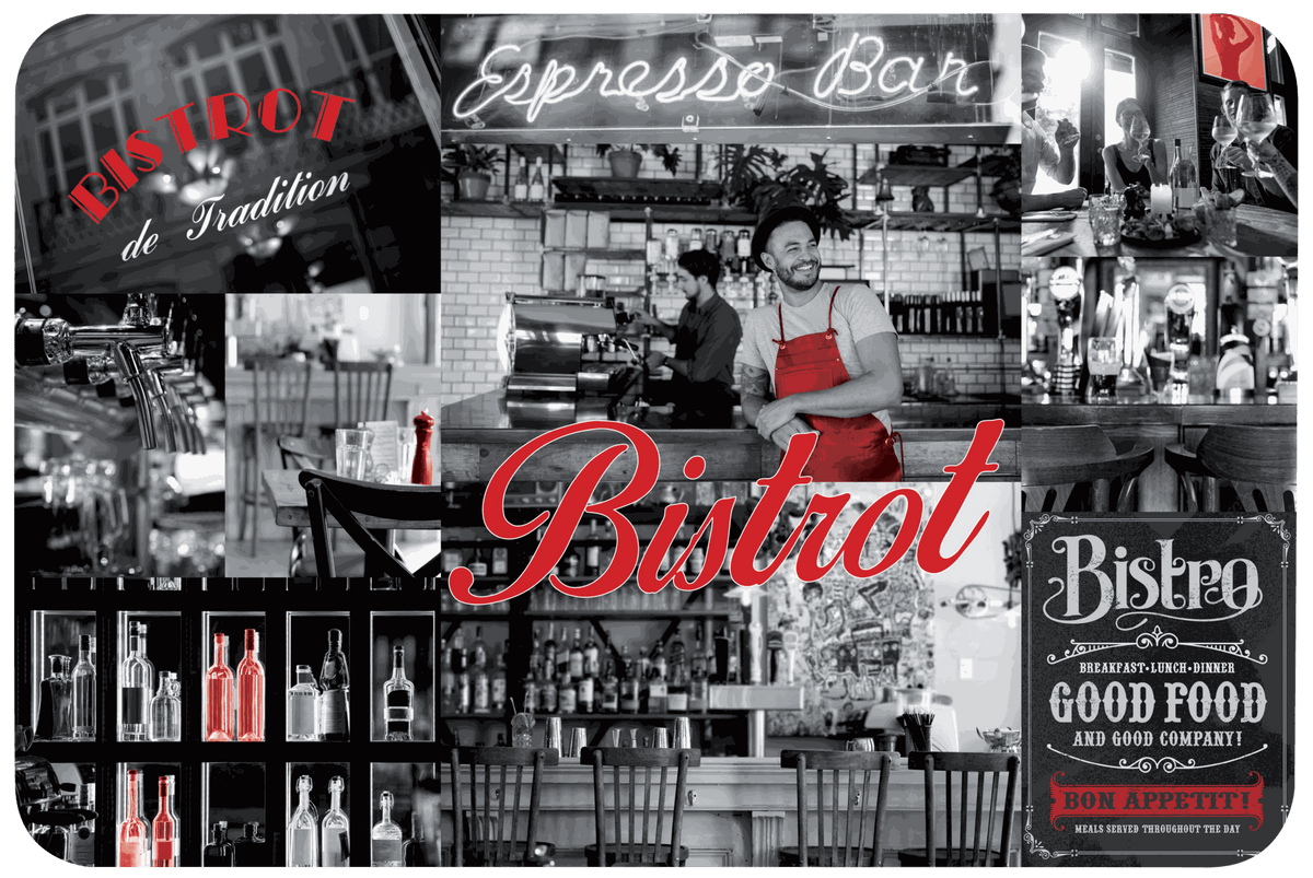 Tischset Food aus Kunststoff mit rechteckigem Bistro-Collage-Motiv in Schwarz, Weiß und Rot, abgerundete Ecken