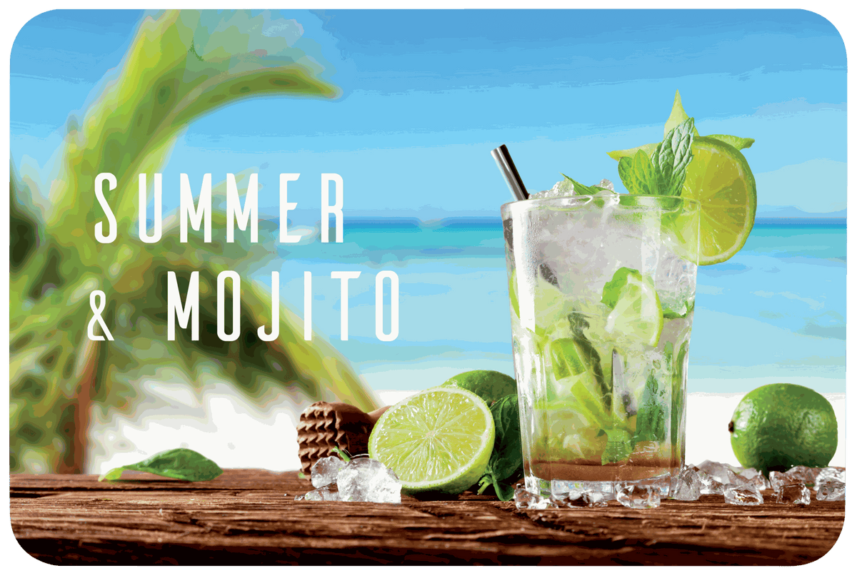 Tischset Food aus Kunststoff mit tropischem Mojito-Motiv, Limetten, Minze und Eiswürfeln in kräftigen Farben