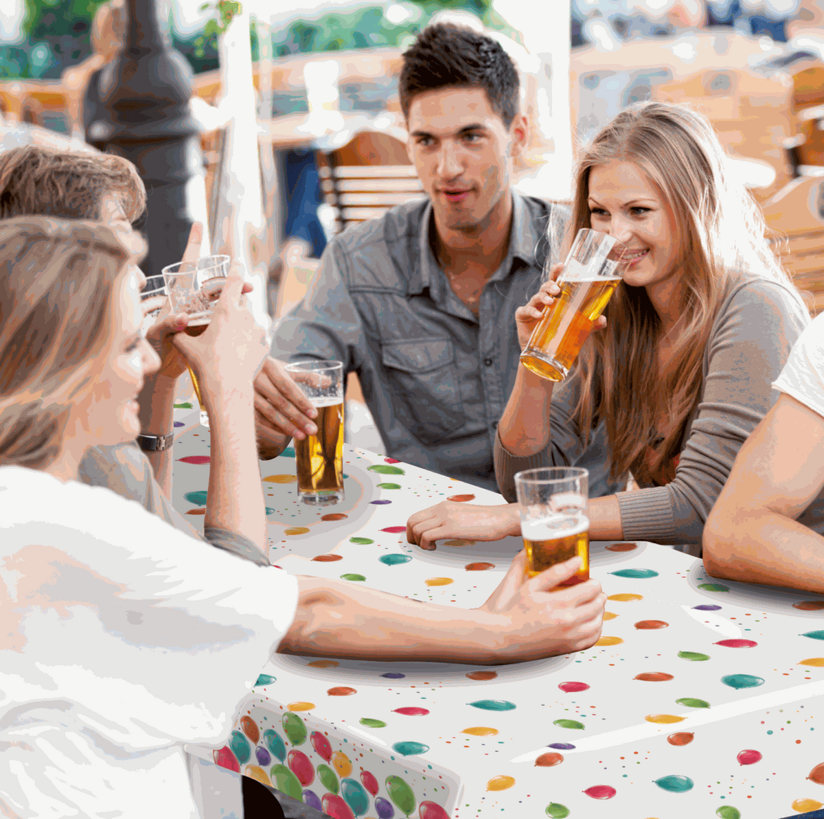 Tischdecke Party aus wasserabweisendem PE/EVA-Schaum mit buntem Konfetti-Muster, rechteckig für Biertische