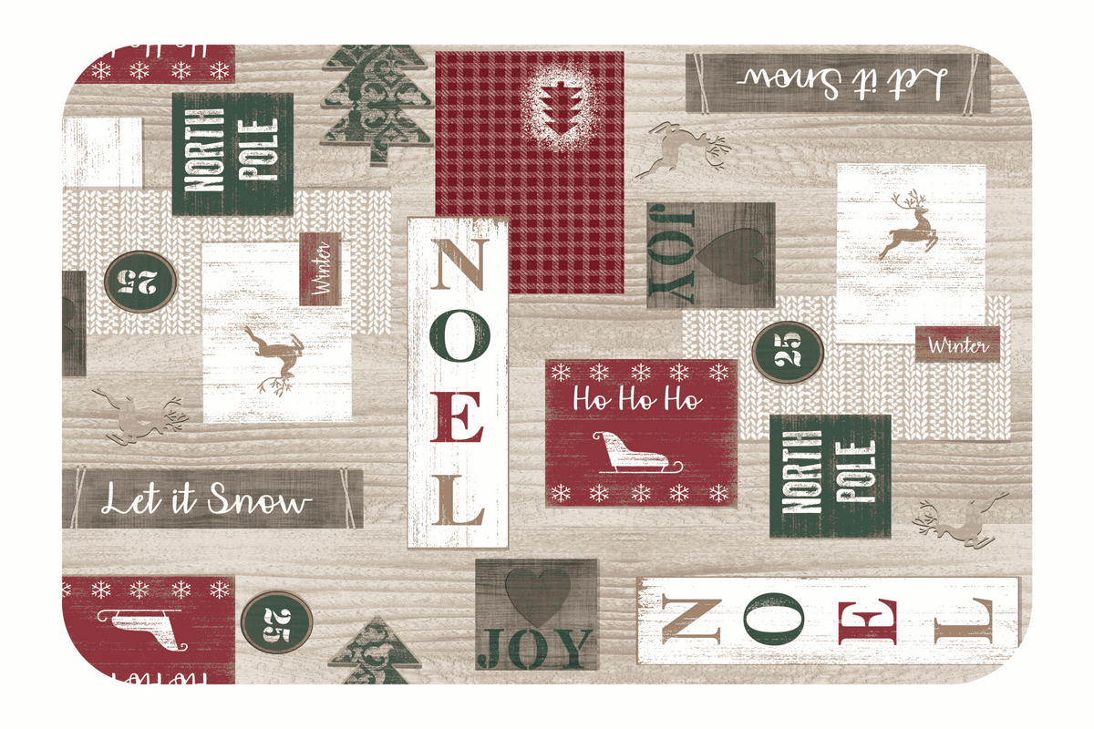 Tischset Weihnachten aus Kunststoff mit rechteckiger Form und winterlichem Patchwork-Muster in Rot, Grün und Beige