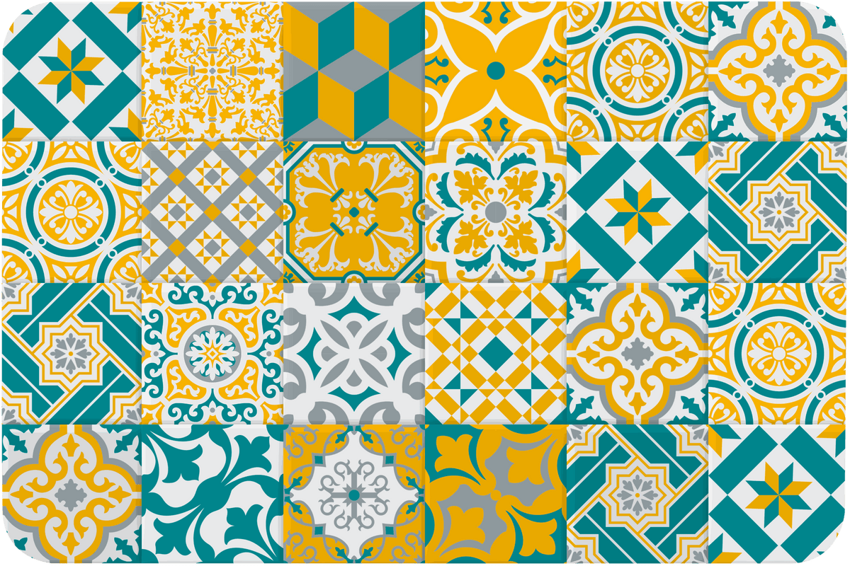 Tischset Ornamente aus pflegeleichtem Kunststoff mit farbenfrohem, geometrischem Muster in Türkis, Gelb und Grau