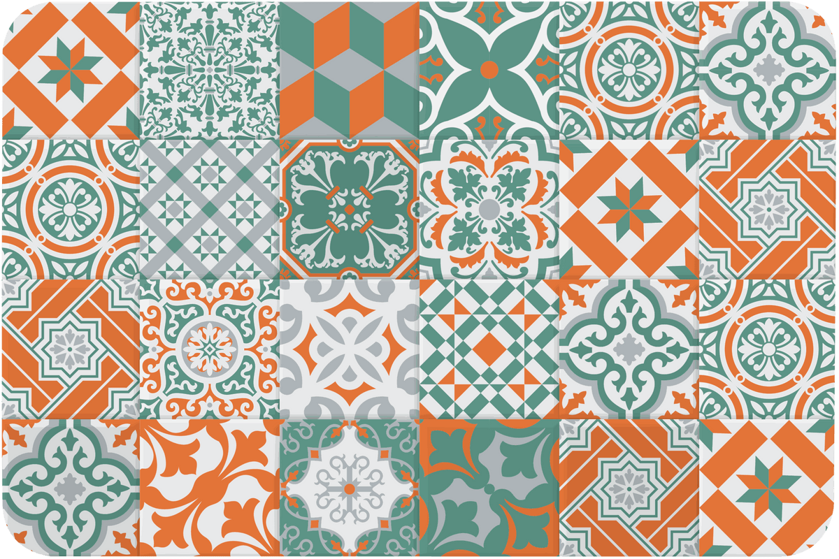 Tischset Ornamente aus Kunststoff in Grün, Orange und Weiß mit dekorativem Patchwork-Muster in Rechteckform