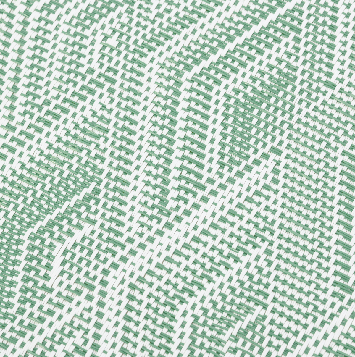 Gewebtes Tischset aus grün-weißem Polypropylen mit dichtem Flechtmuster und geometrischer Struktur