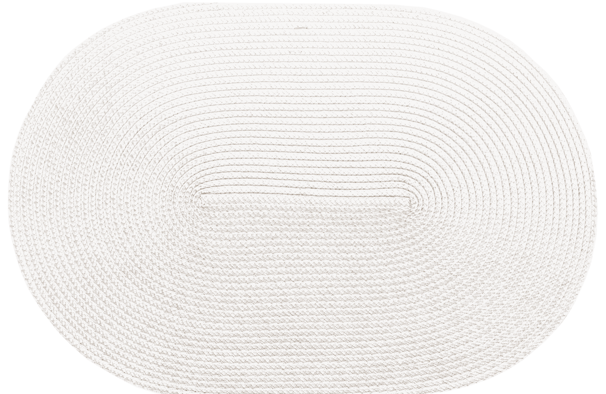 Gewebtes Tischset oval aus cremefarbenem Kunststoff mit fein strukturierter, geflochtener Oberfläche und abgerundeter Form