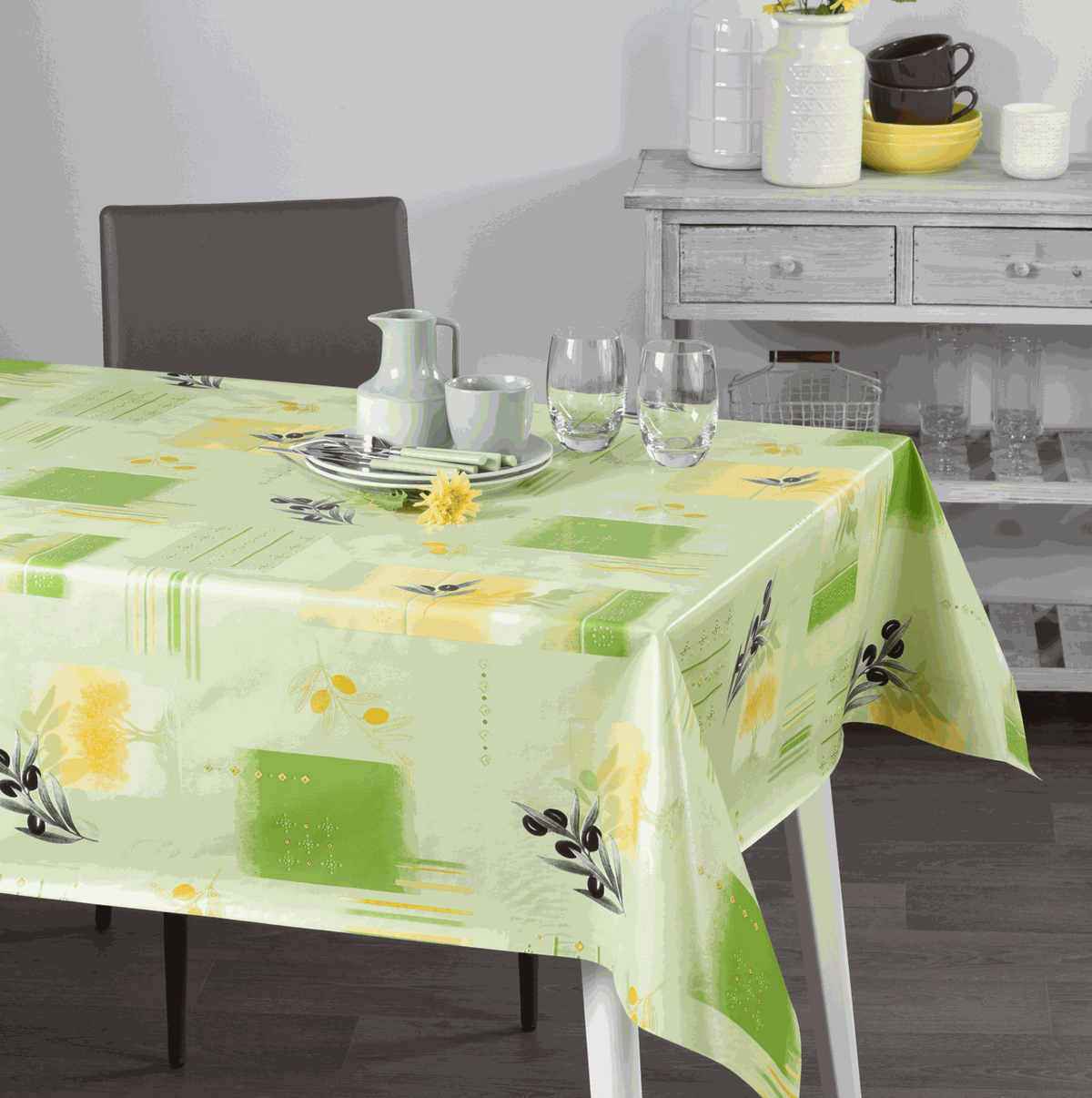 Wachstischdecke Vegetables in hellem Grün mit abstraktem Gemüse- und Blumenmuster, abwischbare Oberfläche
