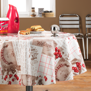 Wachstischdecke Premium Fruits aus abwischbarem Wachstuch mit Beerenmotiv, Schriftzügen und roten Gittermustern