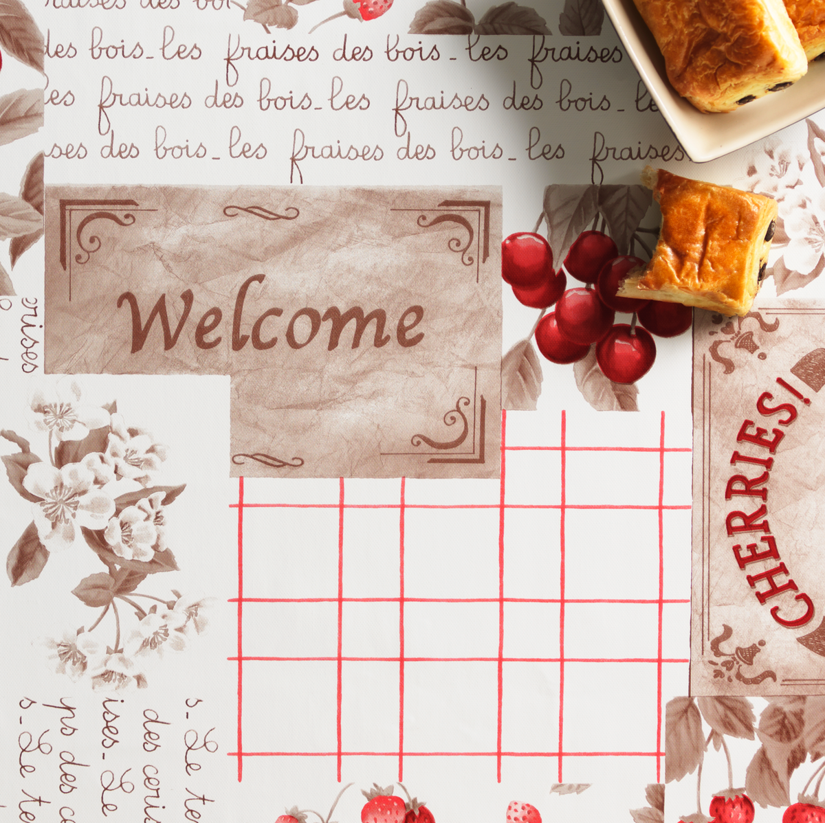 Wachstischdecke Premium Fruits aus glattem Wachstuch mit roten Früchten, Blumen und kariertem Muster
