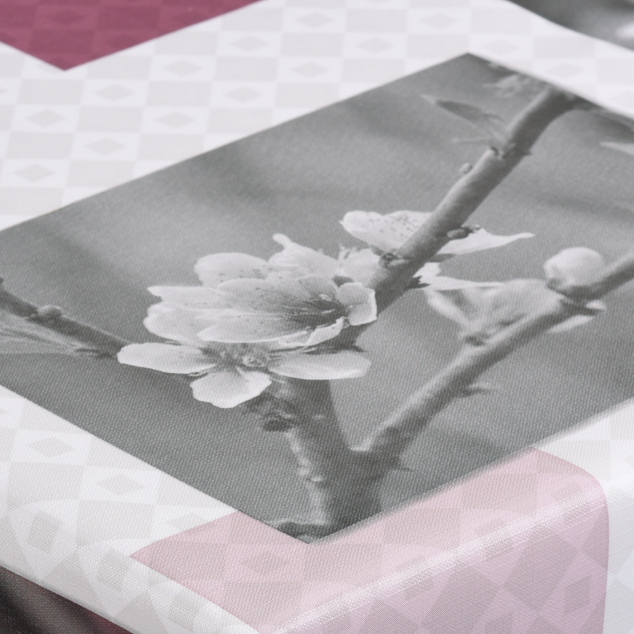Geprägte Wachstischdecke Blumen aus PVC mit grauem Blütenzweig-Motiv und rosafarbenem Randabschluss