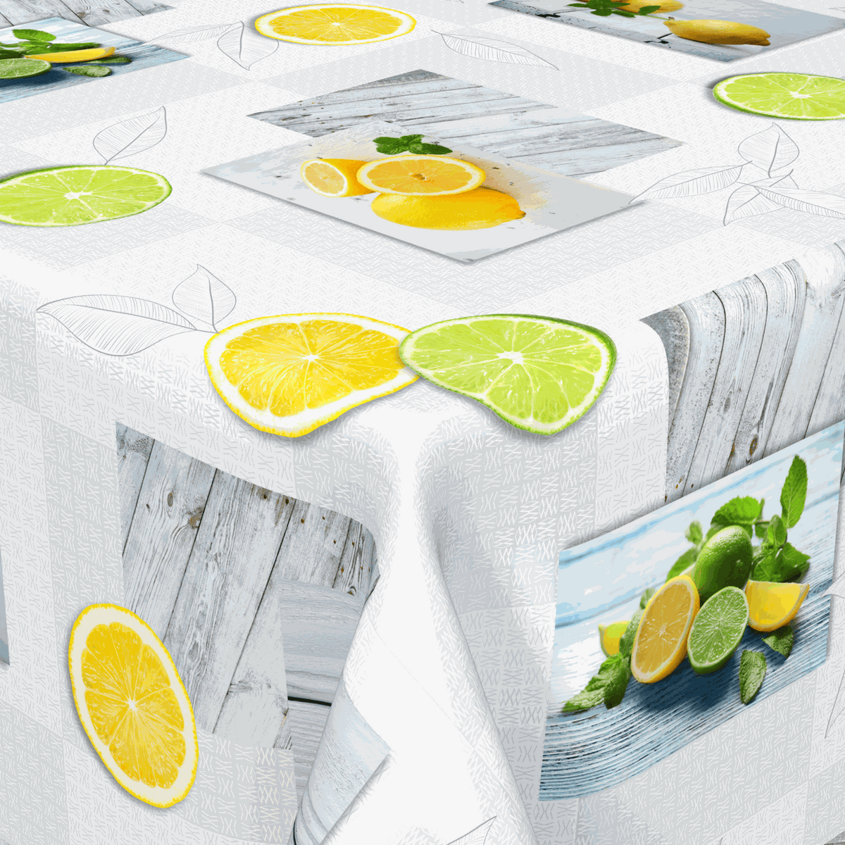 Wachstischdecke Fruits aus abwischbarem Material mit weißem Grund und Zitronen- sowie Limettenmotiv