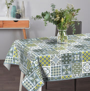 Wachstischdecke Patchwork aus abwischbarem Wachstuch mit grauem Fliesenmuster und ovaler Form