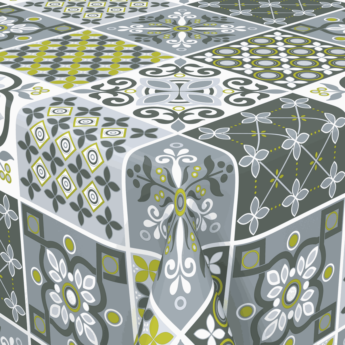 Wachstischdecke Patchwork in Grau mit buntem Ornamentmuster, oval und abwischbarer Oberfläche aus Wachstuch