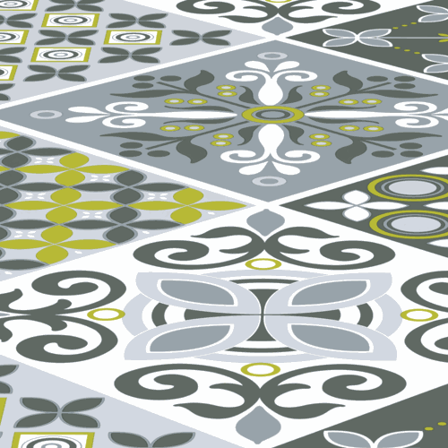 Wachstischdecke Patchwork mit grauem, olivgrünem Ornamentmuster und glatter, abwischbarer Oberfläche