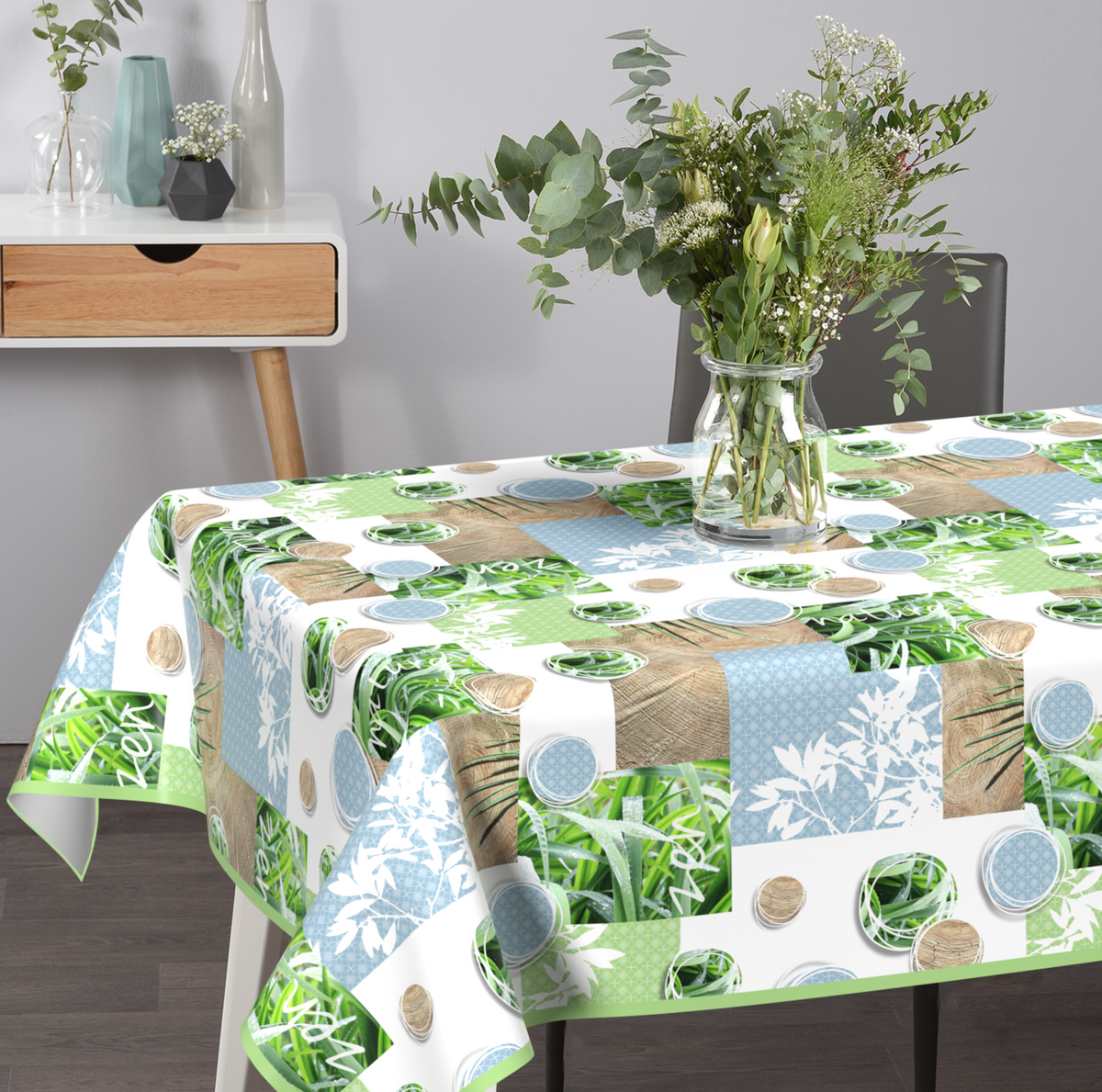 Geprägte Wachstischdecke mit farbenfrohem Pflanzenmotiv, grünen Blättern und dekorativen Kreis-Elementen unerquicklich