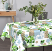 Geprägte Wachstischdecke mit farbenfrohem Pflanzenmotiv, grünen Blättern und dekorativen Kreis-Elementen unerquicklich