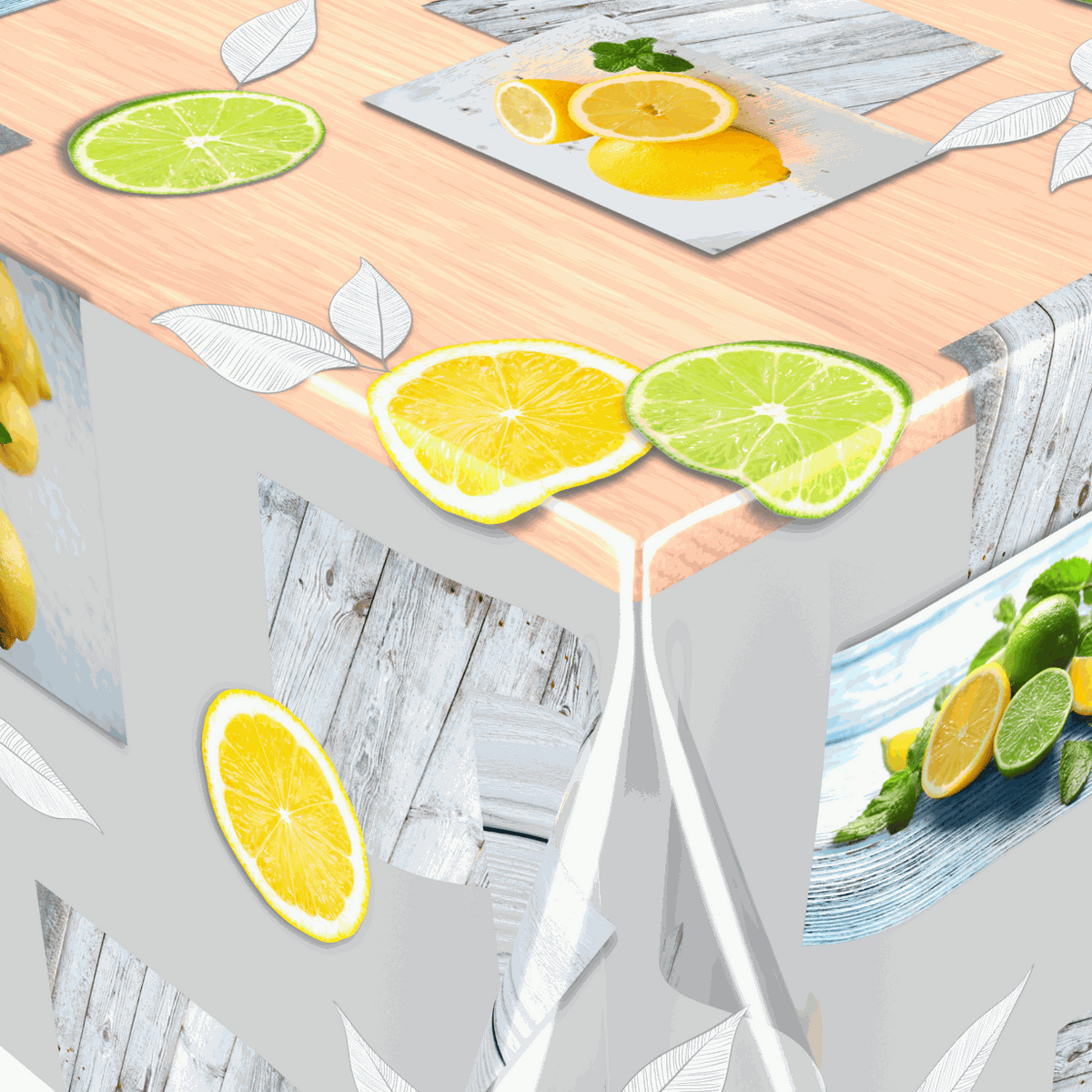 Tischfolie Transparent aus glatter PVC-Folie mit buntem Zitronen- und Limettenmotiv, wasserdicht und pflegeleicht