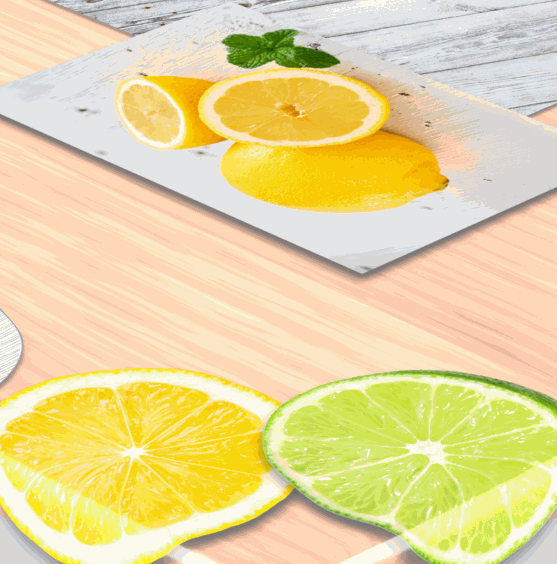 Tischfolie Transparent aus glatter PVC-Folie mit leuchtendem Zitronen- und Limettenmotiv, wasserdicht beschichtet