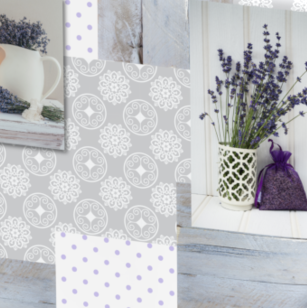 Wachstischdecke Pflanzen aus Wachstuch, grau mit weißen Blumenornamenten und gepunktetem Randmuster