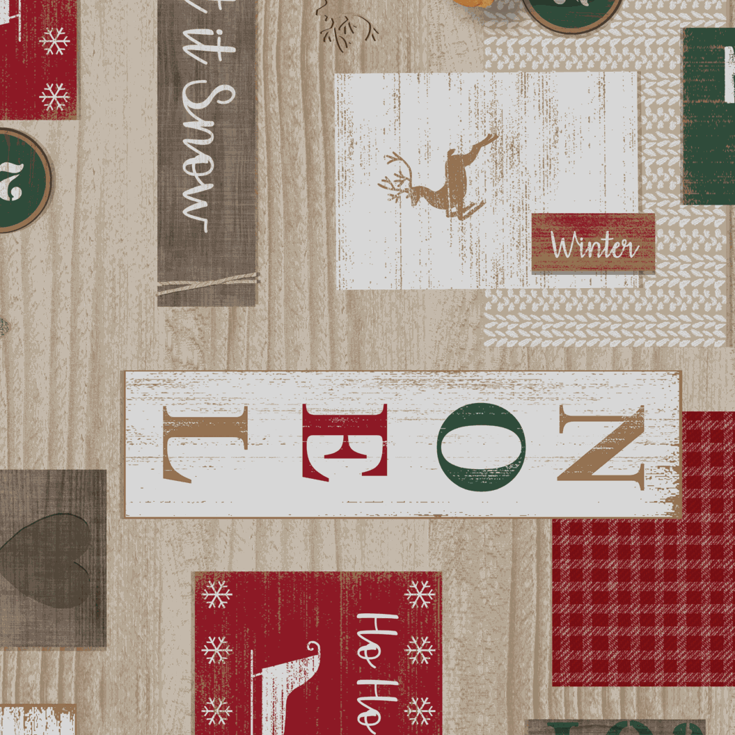 Wachstischdecke XMas mit rustikalem Weihnachtsmotiv in Beige, Rot und Grün, abwischbare Oberfläche geschniegelt
