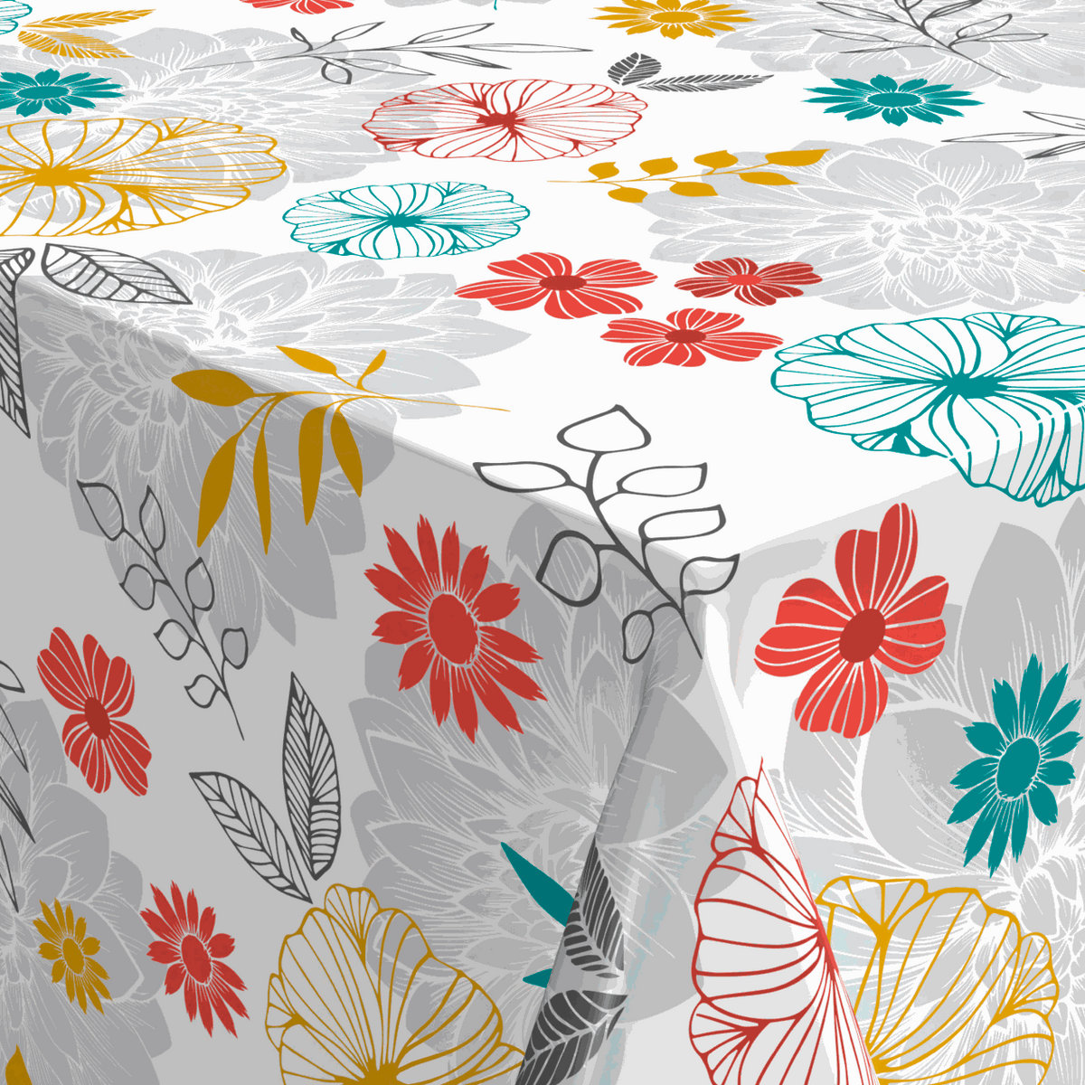 Wachstischdecke Blumen aus glattem Wachstuch mit buntem Blumenmuster in Rot, Türkis, Gelb und Grau