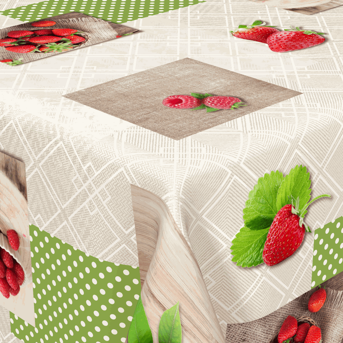 Wachstischdecke Fruits mit Erdbeermotiv, beige-grauem Muster und grünen Tupfen, abwischbar und glänzend