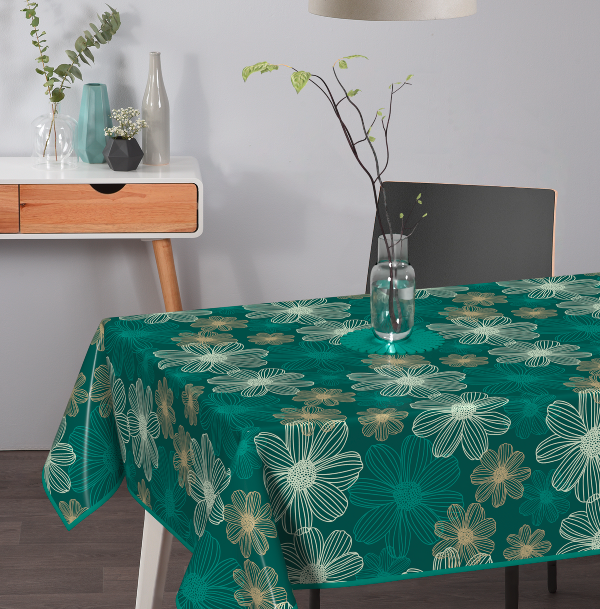 Wachstischdecke Blumen in Dunkelgrün mit floralem Muster und goldfarbenen Blüten, abwischbare Oberfläche
