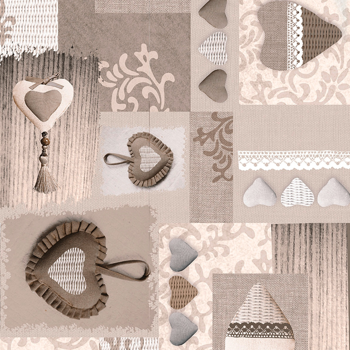 Wachstischdecke Herzen aus Wachstuch in Beige mit dekorativem Patchwork-Herzmotiv und floralen Mustern