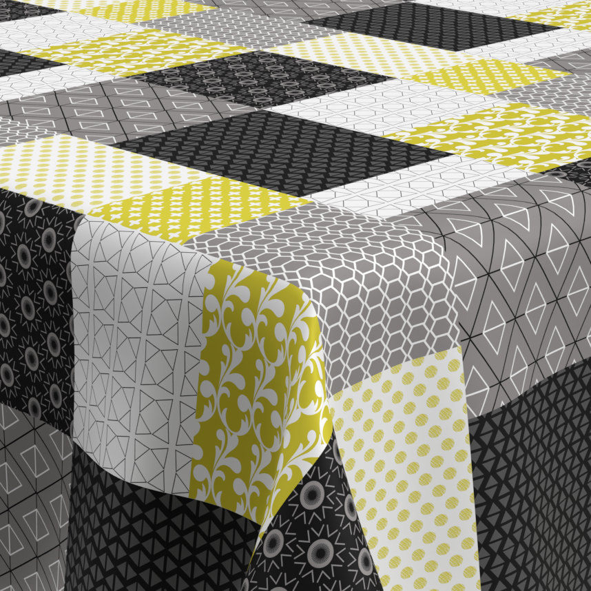 geprägte Wachstischdecke mit Patchwork-Muster in Grau, Weiß, Schwarz und Gelb, strukturierte Oberfläche